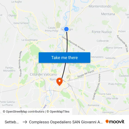 Settebagni to San Giovanni Addolorata Hospital Complex map