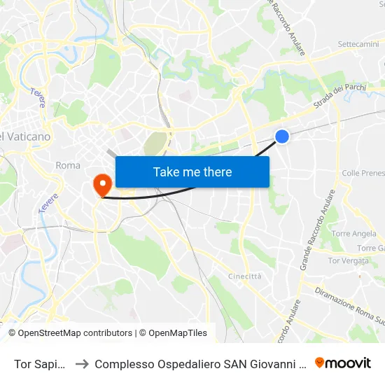 Tor Sapienza to San Giovanni Addolorata Hospital Complex map