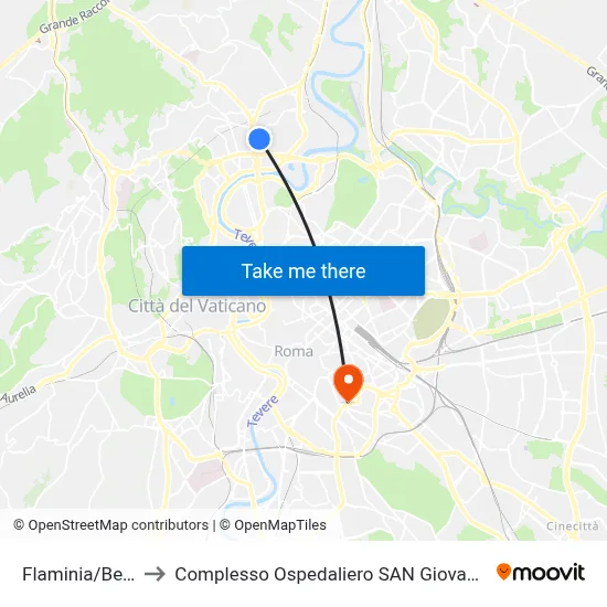 Flaminia/Bevagna to San Giovanni Addolorata Hospital Complex map