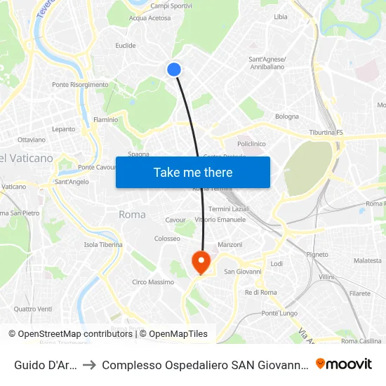 Guido D'Arezzo to San Giovanni Addolorata Hospital Complex map