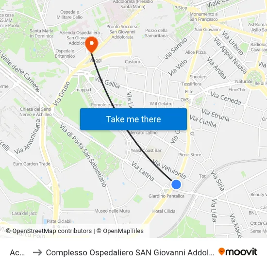Acaia to San Giovanni Addolorata Hospital Complex map