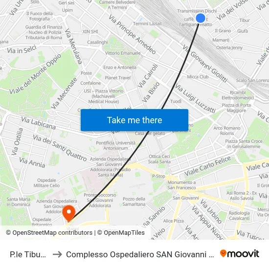 Tiburtino Square to San Giovanni Addolorata Hospital Complex map
