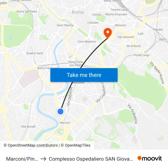 Marconi/Pincherle to San Giovanni Addolorata Hospital Complex map