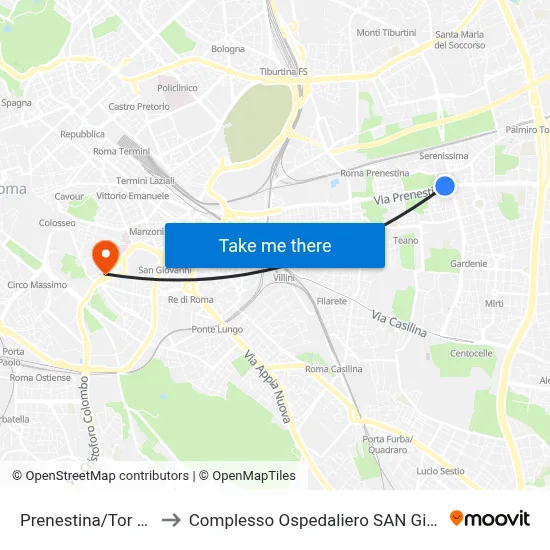 Prenestina/Tor De' Schiavi to San Giovanni Addolorata Hospital Complex map