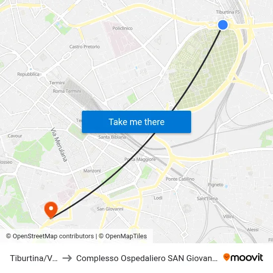 Tiburtina/Verano to San Giovanni Addolorata Hospital Complex map