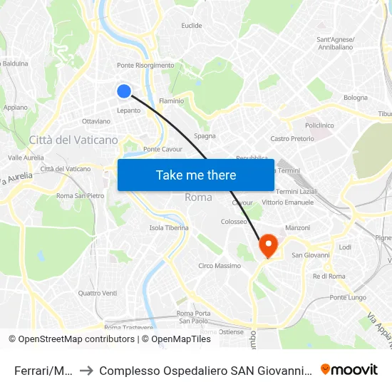 Ferrari/Milizie to San Giovanni Addolorata Hospital Complex map