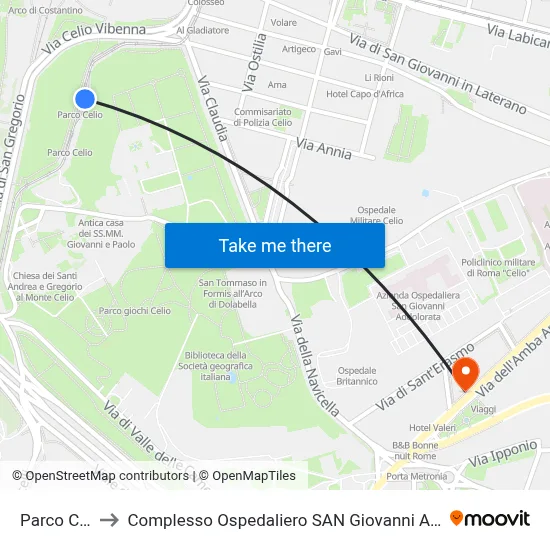 Parco Celio to Complesso Ospedaliero SAN Giovanni Addolorata map
