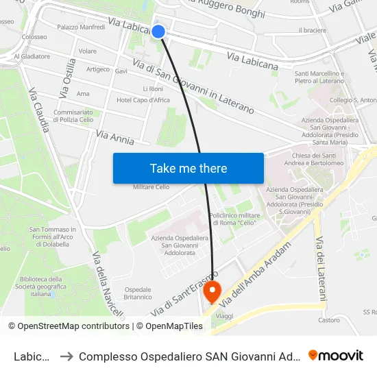 Labicana to San Giovanni Addolorata Hospital Complex map