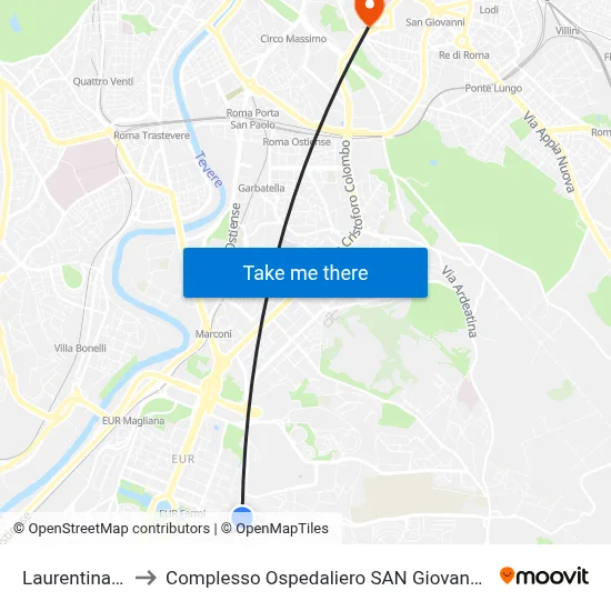 Laurentina (Metro B) to San Giovanni Addolorata Hospital Complex map