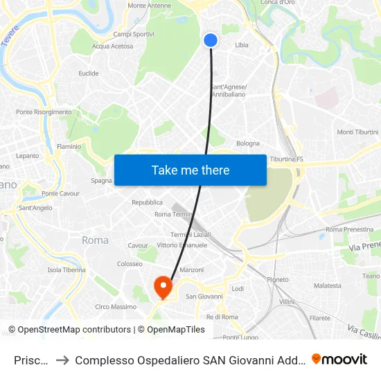 Priscilla to San Giovanni Addolorata Hospital Complex map