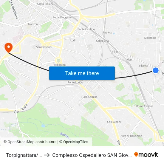Torpignattara/Casilina to San Giovanni Addolorata Hospital Complex map