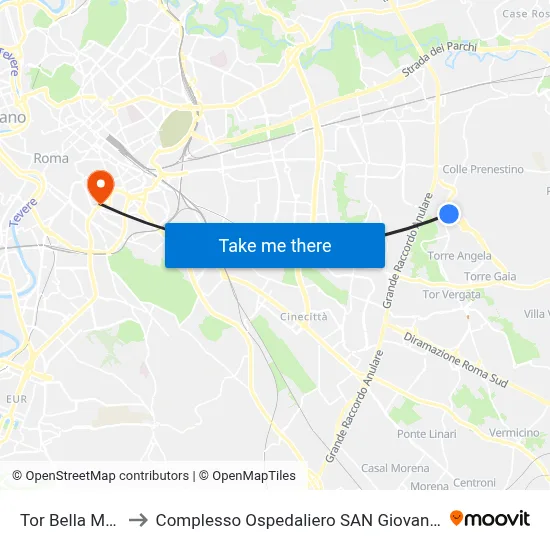 Tor Bella Monaca to San Giovanni Addolorata Hospital Complex map