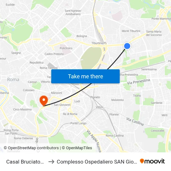 Casal Bruciato/Tiburtina to San Giovanni Addolorata Hospital Complex map
