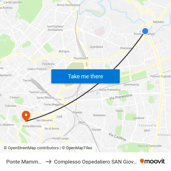 Ponte Mammolo (Metro B) to San Giovanni Addolorata Hospital Complex map