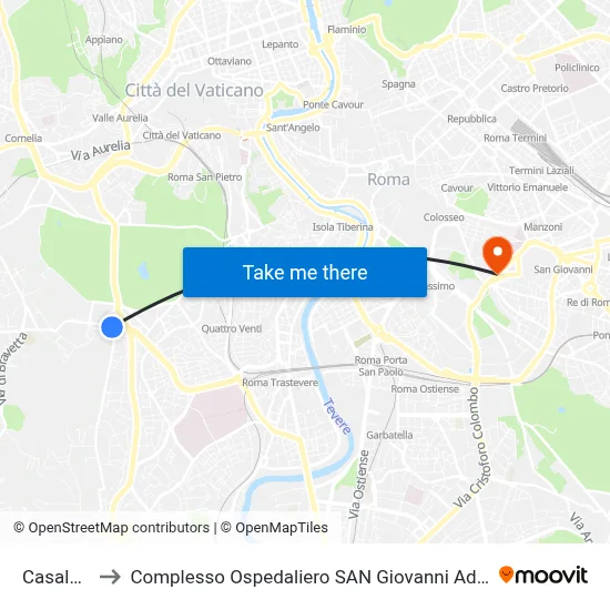 Casaletto to San Giovanni Addolorata Hospital Complex map