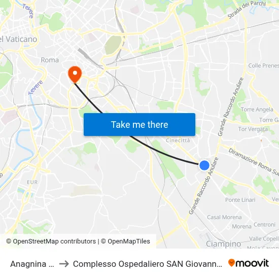 Anagnina Metro to San Giovanni Addolorata Hospital Complex map