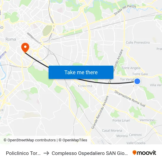 Tor Vergata Hospital to San Giovanni Addolorata Hospital Complex map