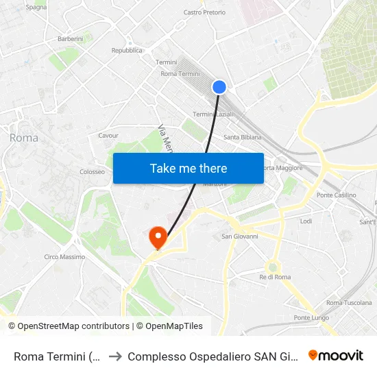 Roma Termini (East Platforms) to San Giovanni Addolorata Hospital Complex map