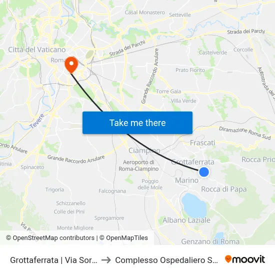Grottaferrata | Sorgenti Street (Squarciarelli) to San Giovanni Addolorata Hospital Complex map