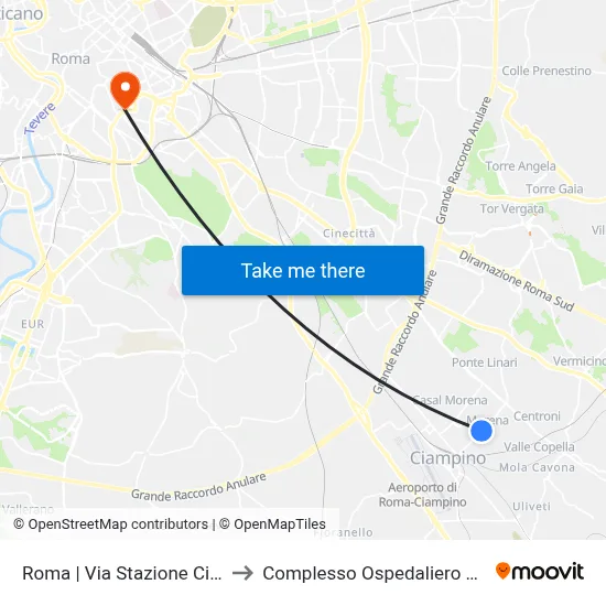 Rome | Ciampino Station Street Via Di Morena to San Giovanni Addolorata Hospital Complex map