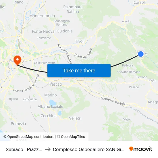 Subiaco | Piazza Falcone to Complesso Ospedaliero SAN Giovanni Addolorata map