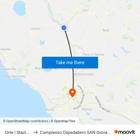 Orte Railway Station to San Giovanni Addolorata Hospital Complex map