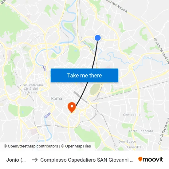 Jonio (Metro Line 1) to San Giovanni Addolorata Hospital Complex map