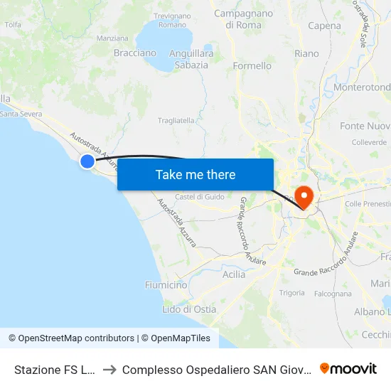 Ladispoli Railway Station to San Giovanni Addolorata Hospital Complex map