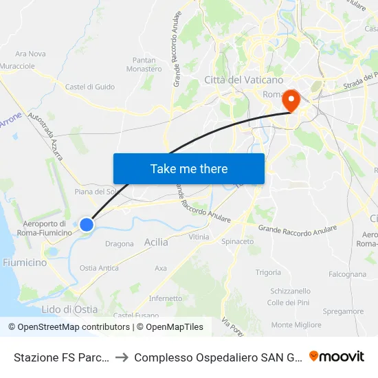 Parco Leonardo Railway Station to San Giovanni Addolorata Hospital Complex map