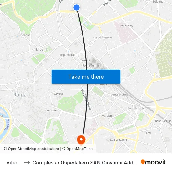Viterbo to San Giovanni Addolorata Hospital Complex map