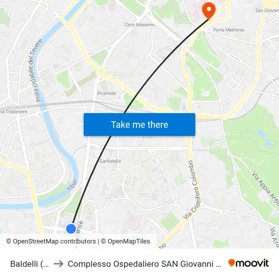 Baldelli (Metro B) to San Giovanni Addolorata Hospital Complex map