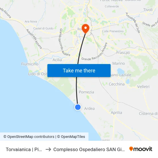 Torvaianica Piazza Italia to San Giovanni Addolorata Hospital Complex map