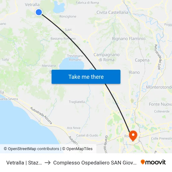 Vetralla | Railway Station to San Giovanni Addolorata Hospital Complex map