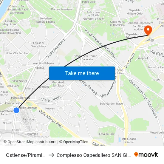 Ostiense/Pyramid (Metro-Rail) to San Giovanni Addolorata Hospital Complex map