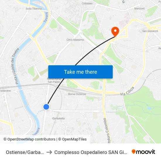Ostiense/Garbatella (Metro B) to San Giovanni Addolorata Hospital Complex map