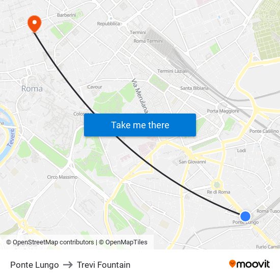Ponte Lungo to Trevi Fountain map