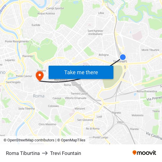 Roma Tiburtina to Trevi Fountain map