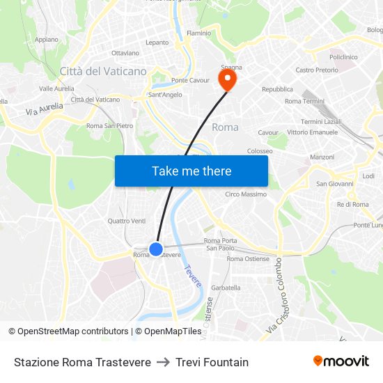 Stazione Roma Trastevere to Trevi Fountain map