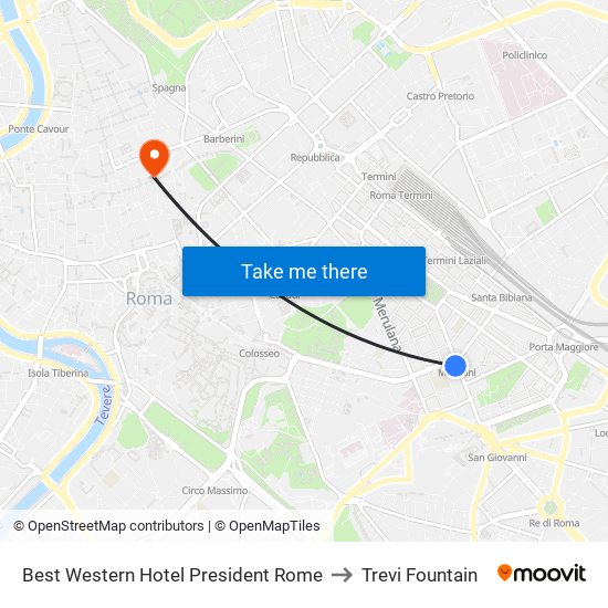 Best Western Hotel President Rome to Trevi Fountain map