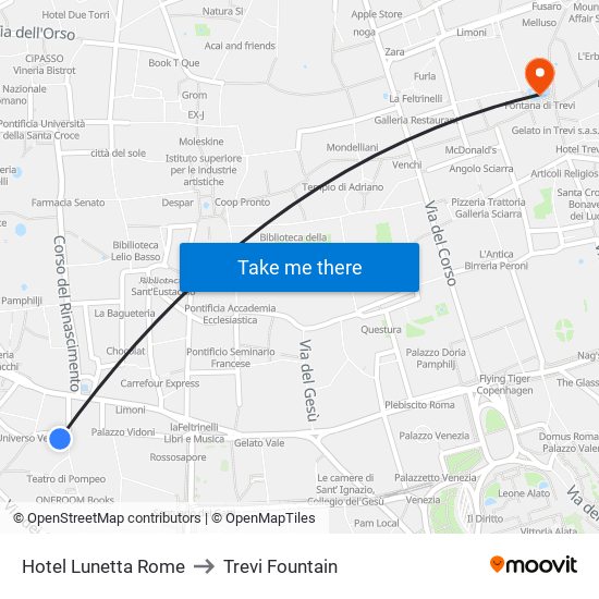 Hotel Lunetta Rome to Trevi Fountain map