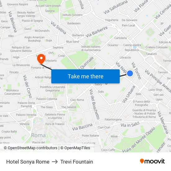 Hotel Sonya Rome to Trevi Fountain map