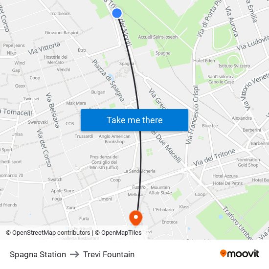 Spagna Station to Trevi Fountain map