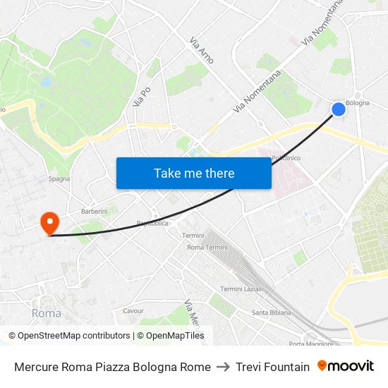 Mercure Roma Piazza Bologna Rome to Trevi Fountain map