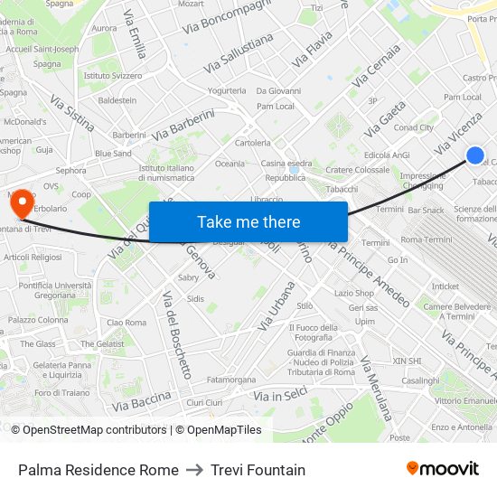 Palma Residence Rome to Trevi Fountain map