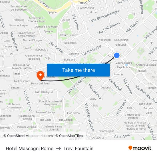 Hotel Mascagni Rome to Trevi Fountain map