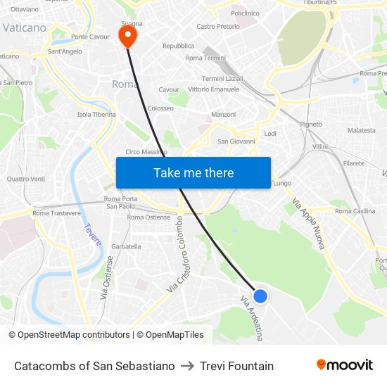 Catacombs of San Sebastiano to Trevi Fountain map