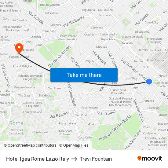 Hotel Igea Rome Lazio Italy to Trevi Fountain map