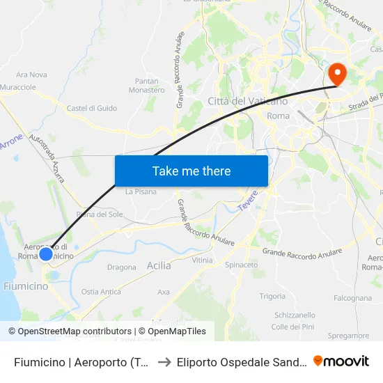Fiumicino | Airport (Terminal 1) to Sandro Pertini Hospital Heliport map