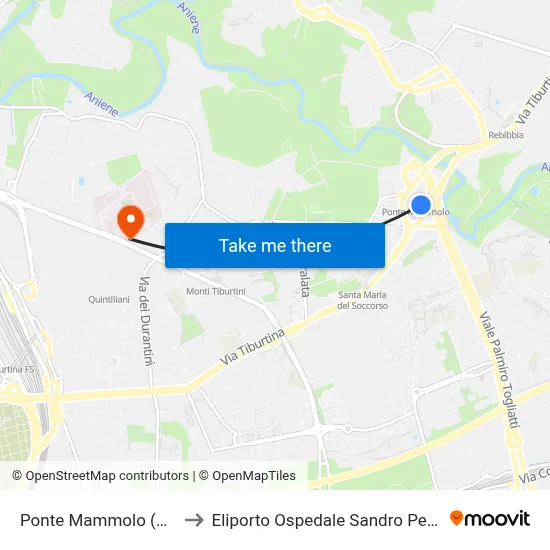 Ponte Mammolo (Metro B) to Sandro Pertini Hospital Heliport map