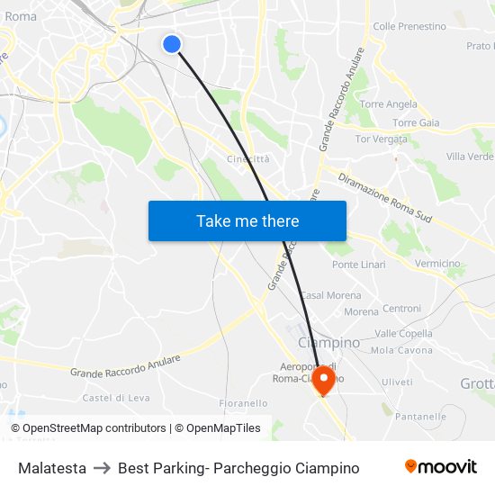 Malatesta to Best Parking- Parcheggio Ciampino map